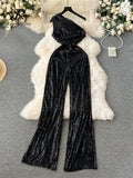 American Retro Sequin Jumpsuit Diagonal Collar Solid Long Wide Legs Pants Romper Elegant Backless Sexy Party