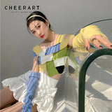 Color Block Summer Knit Top Designer T Shirt Women Patchwork Weave Crop Top Fashion Tee Shirt Aesthetic Clothes