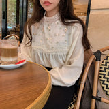 New Lace Stand Collar Long Sleeve Blouse Embroideried Flower Chic Women Shirt Autumn New Tops Chemise