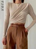 O Neck 2021 Brown Crop Top Women Ruched 90s Y2K Basic Autumn Winter Casual Black Long Sleeve T Shirts Sexy