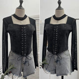 Sexy Hollow Hanging Neck Cowboy Splicing Mesh Strap With Irregular Long-Sleeved T-Shirt Short Top