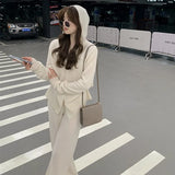 Winter Casual Knitted 2 Pieces Set Women Hooded Cardigans & Wide Leg Lace-up Knitted Pants Female Sweater