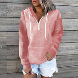 Zingj New Casual Home Wear Women's Zipper Hooded Bag Solid Color Waffg Long Sleeve Hoodie-Outfit