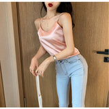 Wear Beige Women's Tube Top Satin Top V-Neck Aesthetic Clothing Trendy Camisole Bohemian Vest Open Back
