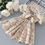 Girls Dress Summer Europe and America Toddler Kids Short Sleeve Floral Printed Cotton Clothing Princess