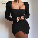 Square Neck Long Sleeve Bodycon Dress Women Sexy Autumn Winter Black Short Wrap Ruched Basic Party Red Mini Dresses