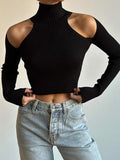 Basic Black Turtleneck Sweater Pullovers Hollow Out Off Shoulder Skinny Casual Sweaters Streetwear Women Knitwear