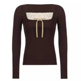 Stitching Lace Bow Knot Square Collar Knitted TeeOutfit