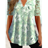 Summer Print Lace Blouse 2023 Women V-neck Loose Hollow Out Short Sleeve Shirt Buttons Long Tops Slim Mujer Ladies