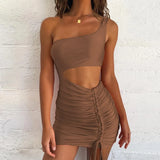 One Shoulder Hollow Out Sexy Summer Dress Women Fold Drawstring Bandage Bodycon Dress Fashion Ruched Mini Party