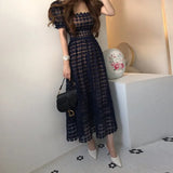 Elegant Square Collar Women Lace Dress Sweet Hollow Out Slim Puff Sleeve Midi Long Dress 2022 Spring High Waist Party