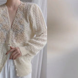 Beading Mohair Cardigan Women Autumn Soft Hollow Out Lazy Loose Sweater V-Neck Fashion Elegant