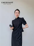 Vintage Fake 2 Piece Puff Sleeve Long Cheongsam Dress For Women 2022 Short Sleeve A Line Ladies Midi Qipao