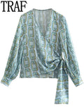 Chain Print Crop Top Woman Blue Wrap Long Sleeve Shirts And Blouses For Women Fashion 2023 Knot Elegant Women's
