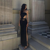 Spring Women Solid Black Strapless Hollow Out Long Nightclub Dress Female High Split Sleeveless Maxi Evening Party