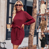 Autumn And Winter Women's Casual Solid Color Knit High-Neck Long-Sleeved Dress