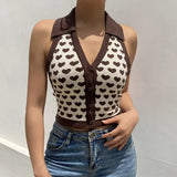 Heart Print Sleeveless Halter Knit Crop Tops Ladies Sexy Backless Tanks Camis Women Vest Summer Knitwear