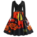 Midi Women Halloween Dress Autumn Winter Vintage Printed V-Neck Long Sleeve Swing Party Festival Sundress S~3XL