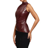Zingj Women's 2024 New Leather Pile Collar Personality Closed Waist Oblique Hem Sleeveless Jacket Women's