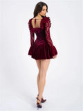 Red Velvet Long Sleeve Flare Mini Dress-Outfit