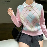 Argyle Plaid Knitted Long Sleeve Autumn woman sweaters Preppy Style Cute Jumpers Winter Fashion Knitwear fall 2020