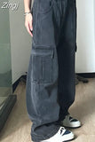 Black Gray Full Length Wide Leg Pants High Waist Loose Street Cargo Jeans Vintage Y2k Women Denim Trousers
