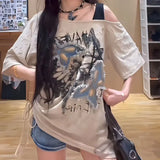 Aesthetic Butterfly Tassels T-shirts Harajuku Oversized Skew Collar Off Shoulder Tops Women Streetwear Grunge Casual
