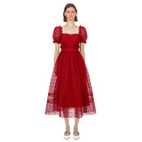 Summer New Self Portrait Women Square Collar Ruffles Long Dresses Puff Sleeve Hollow Out High Waist Holiday Party