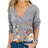 YX Women's Clothing Autumn and Winter New Fashion Women's V-neck Flower Print Long-sleeved Casual Loose T-shirt Plus