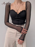 2022 Summer Frill Crop Top Fashion Back Zipper Mesh Sleeve Patchwork Corset Women Sexy Square Collar T