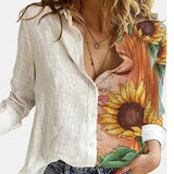 2021 Women Botton Vintage Polo-Neck Office Lady Spring Summer Loose Casual Cartoon Printing T-Shirt Long