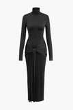 Color Wrap Ruched High Neck Long Sleeve Maxi
