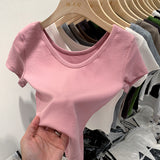 V-Neck Shoulder T-Shirt Women's Short-Sleeved Summer New Slim And Skinny Short-Bottomed