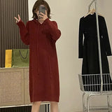 Vintage Long Dress Women Korean Fashion Hooded Design Knitted Dress Winter Warm Office Lady Occasion Sweater Dress