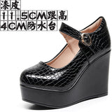 Leather Stone Slope Heel Single Shoe Round Head Light Mouth Work Shoes Thick-Soled Waterproof Table Model Show High Heels