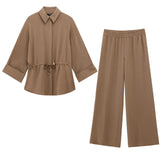 Temperament Casual Suit Women 2025 Spring Shoulder Sleeves Pull The Waist Loose Shirt Tight Waist Wide Leg