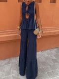 Print Women Ruffles Wide Leg Loose Pants Suit Elegant Hollow Out Lace Up Pleated Tops Set 2024 Female Holiday