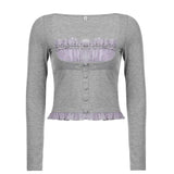 Y2K Sweet Cute Crop Top Lace Frill Bow Pullovers Vintage Square Collar T Shirt Women Skin Button Prepply Korean