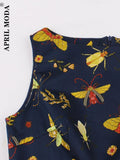 Vintage Women Sleeveless Swing Dresses Summer Casual Elegant Office Flower Print Female Fashion Retro Pleated