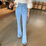 Chic High Waist Buttons Flare Jeans Pants for Women Casual Ladies Denim Blue Trousers 2021 Spring Summer