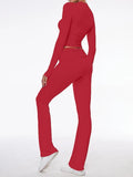 Long Sleeve Cropped Top Fold-over Flare Pants Set-Outfit