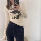 Print Cropped Tops 90s Vintage Women Long Sleeve Skinny T-shirt Y2K Female Autumn Basice Tees Harajuku