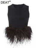 2023 Autumn And Autumn New Fashion Round Neck Solid Color Temperament Feather Splicing Sleeveless Women Fur Vest