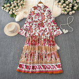 Zingj Light Extravagant Temperament Horn Long Sleeved V Collar Loose Thin Single Breasted Printed Dress Elegant Long