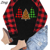 Christmas Tree Print Women T Shirt Contrast Buffalo Black and White Stitching Plaid Long Sleeves Tee Shirt