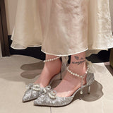 Temperament Pointed Bow Pearl Word With Silver High Heels Fine Heel Adult Lilies Hollow Lolita
