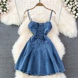 Zingj Summer New Strap Waist Show Thin Back Sleeveless Sexy Sweet Spicy Cowboy Sling A-Word Dress
