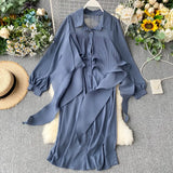 Zingj Shirt Female Designer Feel Minority Pleated Lotus Leaf Ribbon Loose Medium And Long Style Chiffon Dress