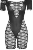 Sexy Hollow Rompers Women Short Sleeve See Through Skinny One Piece Playsuits Female Party Clubwear Workout