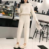 2021 Winter Casual Thick Sweater Tracksuits O-neck Jumpers & Elastic Waist Pants Suit Female Knitted 2 Pieces